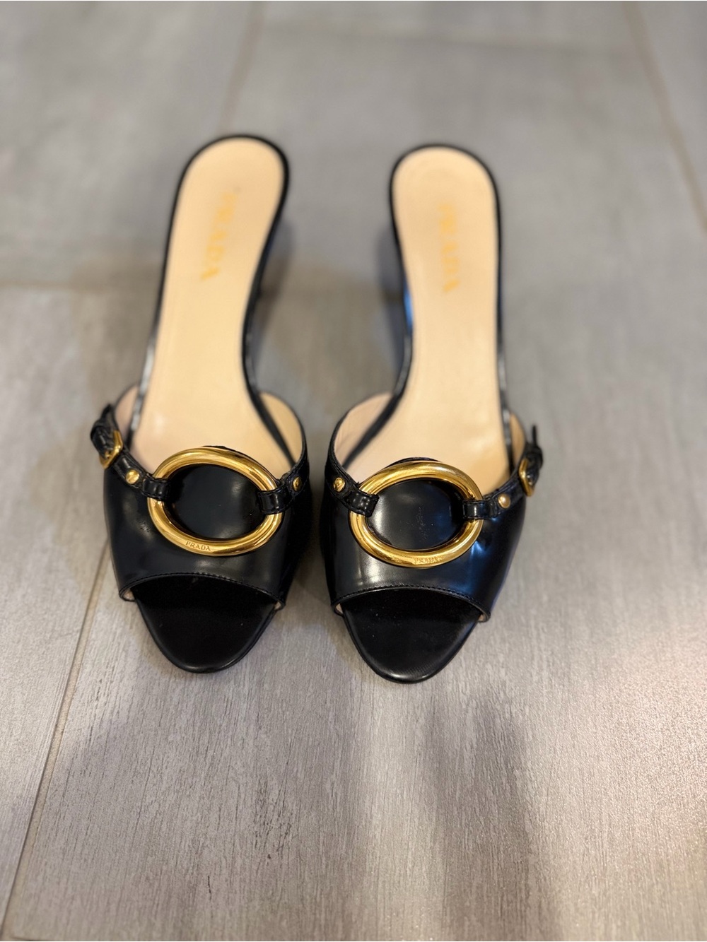 Prada Black Leather Slide Mules with Gold O-Ring